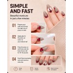 Nude‑Grey Wine‑Red French Almond Press‑On Nails, Sweet Cool False Nails with 3D White Bow & Red Heart Rhinestones